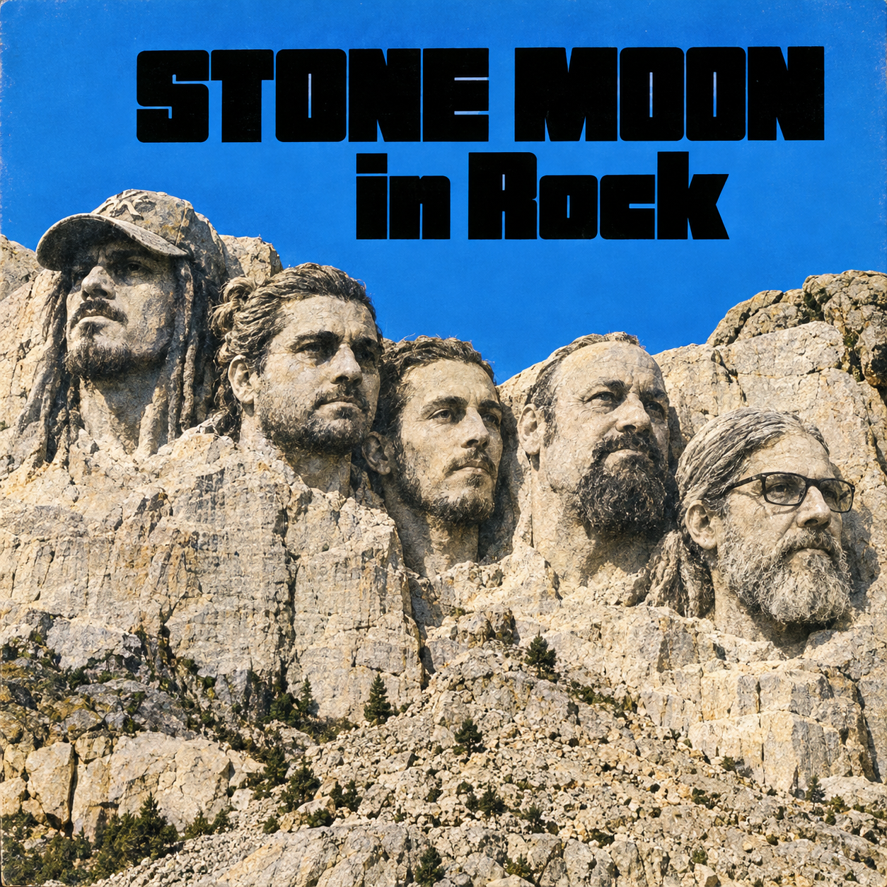 Montagem dos cinco integrantes esculpidos em rocha, com a inscrição Stone Moon in Rock