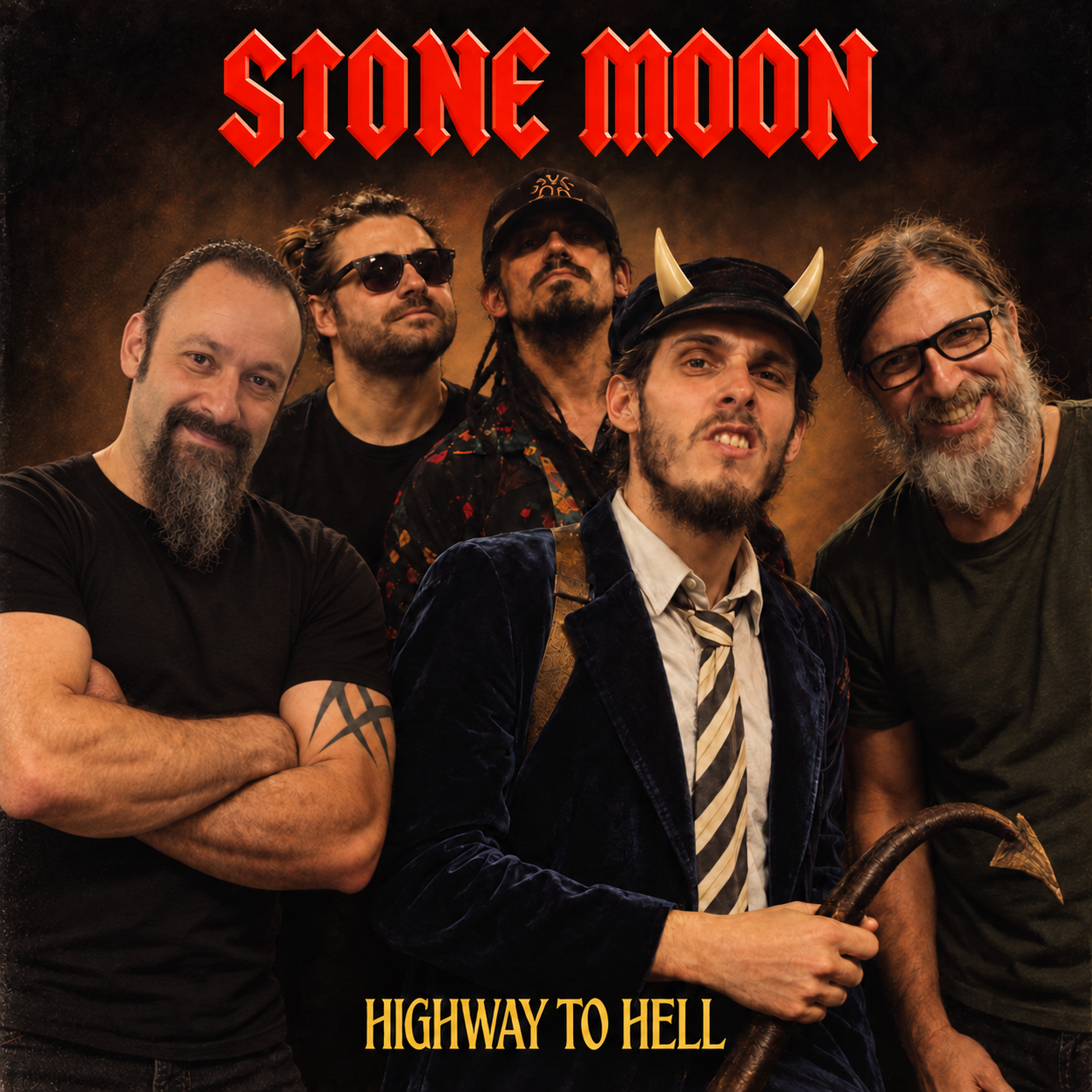 Retrato montado dos integrantes da Stone Moon em homenagem à capa de Highway to Hell