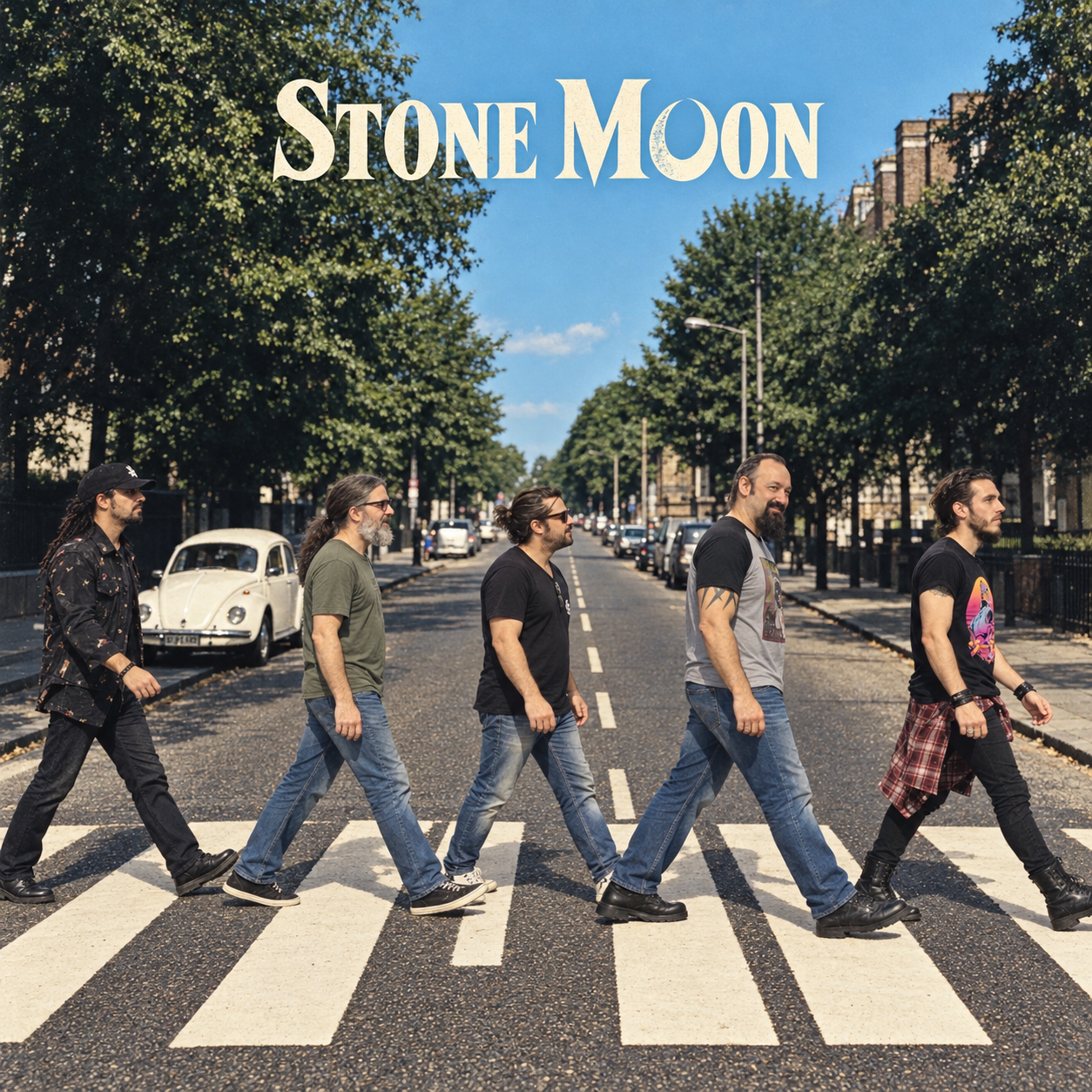 Montagem dos cinco integrantes da Stone Moon atravessando uma faixa de pedestres