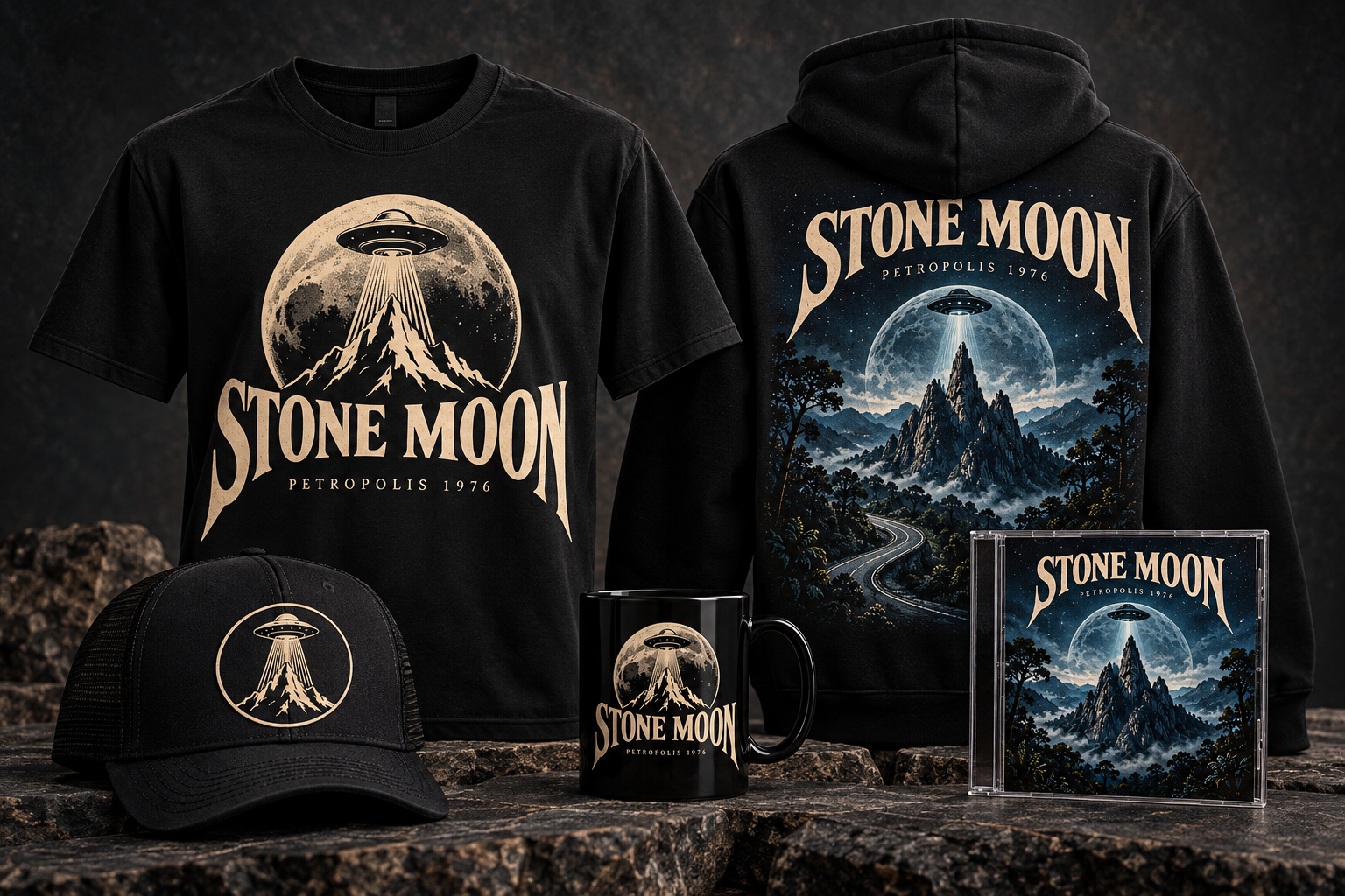 Conceitos de camisetas, boné e moletom Stone Moon